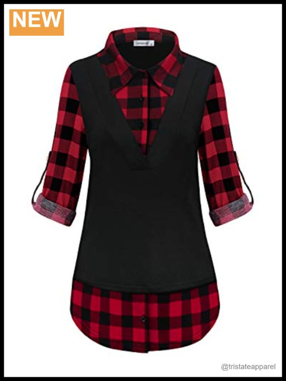 Womens Plaid Patchwork Tunic Tops Long Sleeve Contrast Collar Button Up